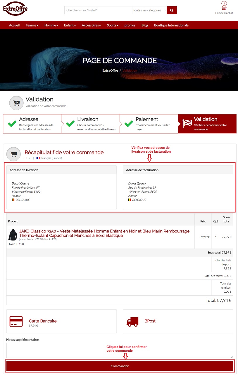 ExtraOffre Sport Validation de Commande
