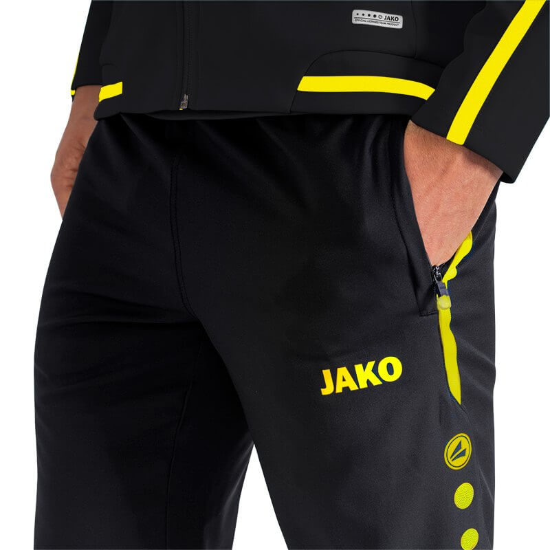 JAKO-6519-33-5 Leisure Pants Striker 2.0 Black/Fluo Yellow Zipped Side Pockets